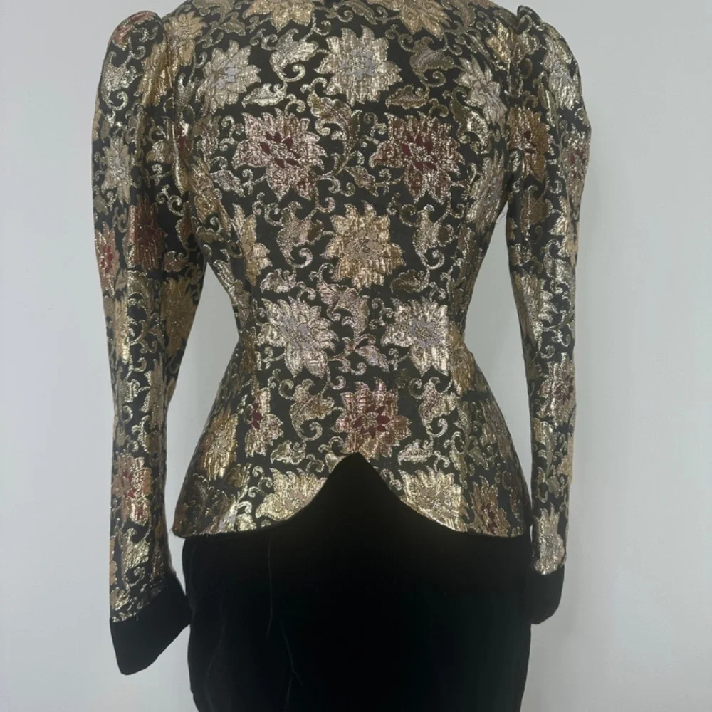 VTG JESSICA McCLINTOCK Velvet Brocade Party Dress Puff Black Gold Ball Gown 10